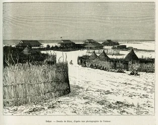 Dakar. Gravure de Riou pour illustrer le récit Voyage à la Plata, trois mois de vacances par Émile Blaireaux en 1886, dans Le Tour du monde 1887, sous la direction d