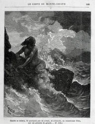 Dantès évadé à la nage - Gravure par Riou, dans «Le Comte de Monte-Cristo» par A. Dumas, éd. Jules Rouff & Cie