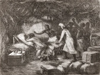 Mort du Dr Livingstone dans le village de Tchitammbo, Afrique, en 1873, illustration de "Le Monde entre les Mains", publié en 1878