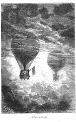 Dessin du livre de Jules Verne « Cinq semaines en ballon » collection Hetzel/Voyages extraordinaires. Le ballon Victoria rencontre un autre ballon dans les nuages.