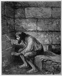 Edmond Dantès, le Comte de Monte-Cristo dans sa prison - Gravure de Riou, dans « Le Comte de Monte-Cristo » par Alexandre Dumas, Rouff & Cie
