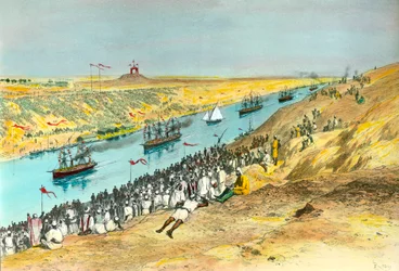 Inauguration du canal de Suez. Le canal a été créé pour relier la mer Rouge à la mer Méditerranée. Illustration d