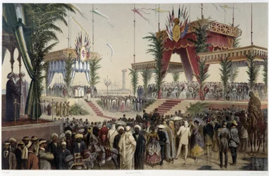 La Tribune des souverains dans «Inauguration du canal de Suez» par G. Nicole. 1869