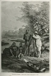 Observation au théodolite : le docteur Crevaux avec ses instruments de mesure et son équipe de guides et de porteurs en pleine séance de travail. Gravure d