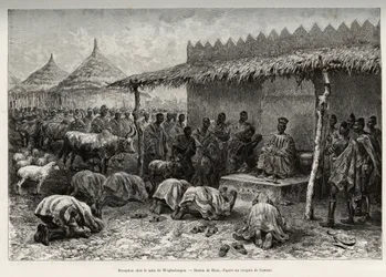 Réception chez le naba Sanem, du royaume Mossi (ou Mossé) de Waghadougou (Ouagadougou, Burkina Faso). Gravure de Riou, pour illustrer l