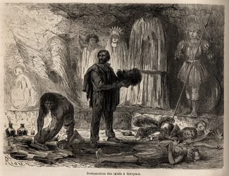 Restauration des statues de saints à Sarayacu (Pérou), dessin de Riou, pour illustrer le voyage de Paul Marcoy de l