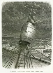 Le tonneau de la vigie du bateau Proven. Gravure pour illustrer l