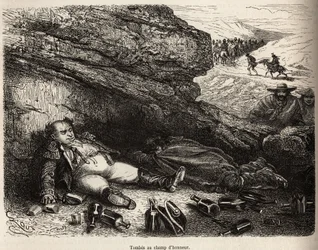 Le colonel du génie et son aide-de-camp, ivres après la petite fête donnée par les notables de Cailloma, se cachent derrière les rochers. Gravure par E.Riou pour illustrer une expédition