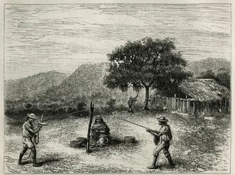 La fabrication de la cabuya, ficelle de Fourcroya, près de Cartago (Colombie), gravure de Riou, pour illustrer l