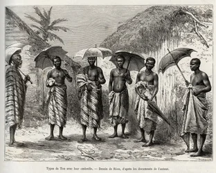 Type de ton avec leur parapluie. Gravure de Riou, pour illustrer le récit « Du Niger au Golfe de Guinée » par le Capitaine Louis Gustave Binger (1856-1936), en 1887-1889, dans Le Tour du monde, nouveau journal des voyages, sous la direction d
