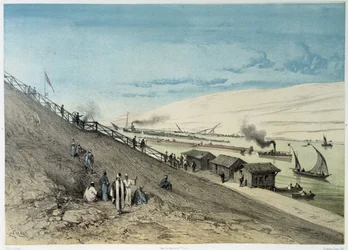 Vue du canal dans "Inauguration du canal de Suez par G. Nicole. 1869