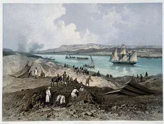 Vue du canal dans "Inauguration du canal de Suez" par G. Nicole. 1869
