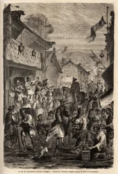 La rue des marchands de vêtements, Kalgan, Mongolie. Dessin de Vaumort (? -1886), pour illustrer le voyage de Shanghai à Moscou, de 1859 à 1862, de M. de Bourboulon, ministre français en Chine. Gravure dans "Le tour du monde", édité par Edouard Charton