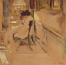 Madame Hessel cousant sous la lampe