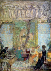 La bibliothèque. Au premier plan, Marguerite Caetani, princesse de Bassiano