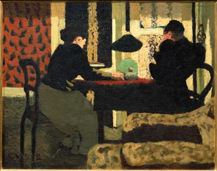 Deux femmes sous une lampe (peinture sur toile)