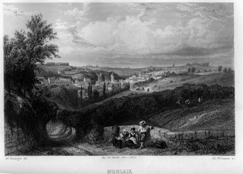 Vue de la ville de Morlaix, Finistère, Bretagne, France. Gravure par Willmann dans « La France ancienne et moderne » de Jean-Bernard Mary-Lafon