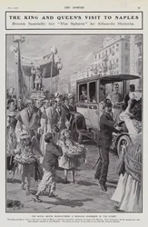 Le roi Édouard VII et la reine Alexandra rencontrant une procession religieuse dans une rue lors de leur visite à Naples, Italie