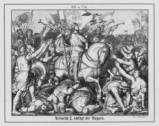 Henri Ier, roi de Francie orientale, battant les Hongrois à la bataille de Riade, 933 (gravure)