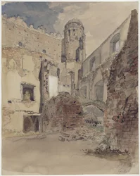 Ruines du château à Gollub, vue de la cour avec tour