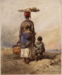 Une femme afro-brésilienne vue de dos, accompagnée de deux jeunes enfants