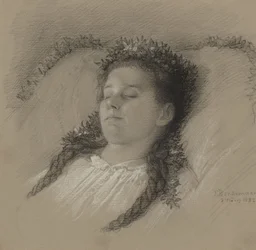 Une fille sur son lit de mort avec une couronne de fleurs