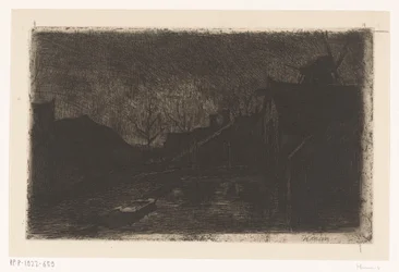 Paysage avec maisons et moulin au crépuscule