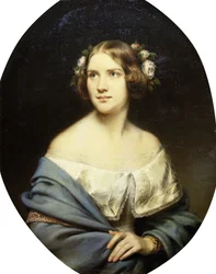 Portrait de Jenny Lind, debout à mi-longueur dans une robe blanche et un châle bleu clair