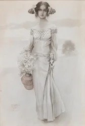 Une fille avec une cruche et un bouquet de fleurs