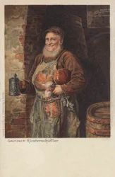 Der Klosterschaeefler: moine portant une chope de bière et son déjeuner (chromolithographie)