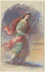 Jeune femme marchant, en robe colorée flottante, sur un fond sombre