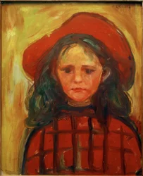 Fille avec robe à carreaux rouges et chapeau rouge