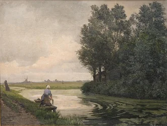 Paysage néerlandais. Une fille lavant au bord d