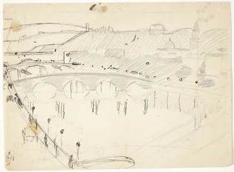 Vue depuis une fenêtre sur Lungarno vers la rivière et les hauteurs de Santo Spirito et San Miniato, Florence