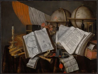 Nature morte de vanité avec un drapeau, un chandelier, des instruments de musique, des livres, des accessoires d