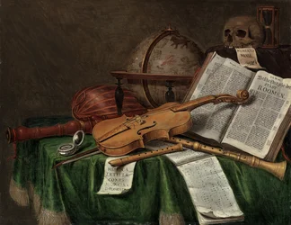Nature morte vanitas avec un globe astrologique, un violon, un crâne, un sablier, un livre ouvert, une partition, une montre, un luth et d