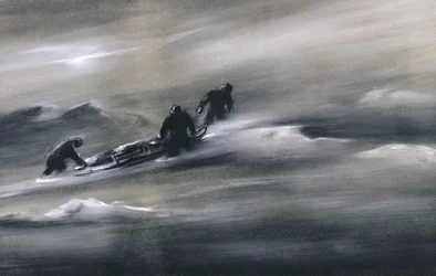 Trois hommes avec une luge dans la neige, 1910-12