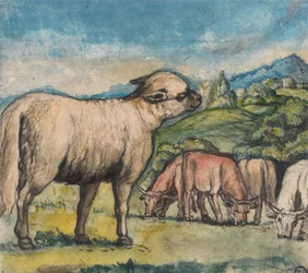Agneau et bœufs dans un paysage pastoral