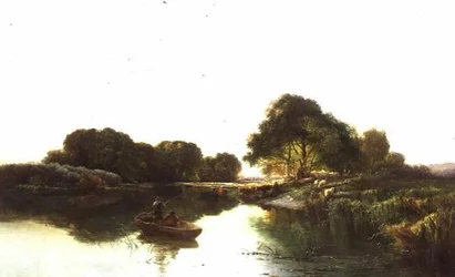 Paysage fluvial avec des pêcheurs