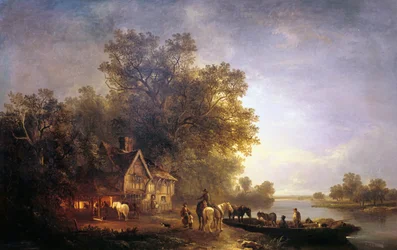 Paysage fluvial avec rustiques et chevaux