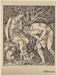 Quand Adam creusait et Eve enjambait (gravure sur bois sur papier)