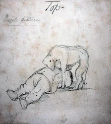 William Morris jouant avec son chien, vers 1890