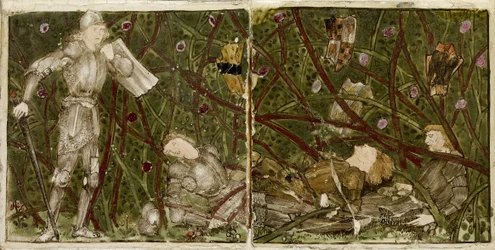 Ensemble de seize carreaux disposés par paires pour former huit illustrations du conte 