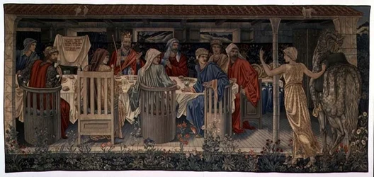 Quête du Saint Graal Tapisseries, Panneau 1, Chevaliers de la Table Ronde appelés à la quête par la Damoiselle Étrange, 1898-1899