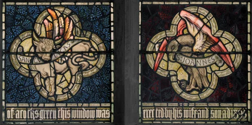 Birmingham, Acocks Green, St Mary the Virgin, Morris & Co., Edward Burne-Jones, John Henry Dearle (1859-1932), Symboles des évangélistes, Saint Luc et Saint Jean, 1895