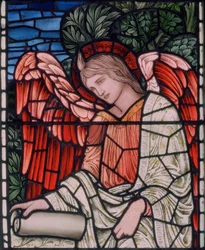 Birmingham, Acocks Green, St Mary the Virgin, Morris & Co., Edward Burne-Jones, John Henry Dearle (1859-1932), Ange au rouleau, détail, 1895