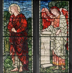 Birmingham, Acocks Green, Sainte Marie la Vierge, Morris & Co., Edward Burne-Jones, John Henry Dearle, Saint Jean et Ange avec un parchemin