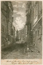 Croquis de Butcher Row, vue depuis Temple Bar, 9 juin 1796