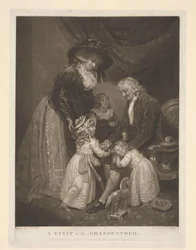Femme avec trois enfants en visite chez leur grand-père