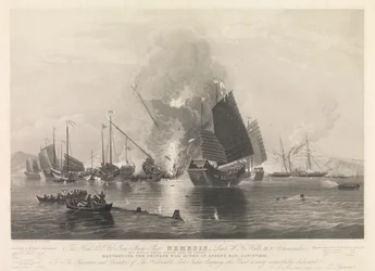 Le Hon. E.I. Co. Iron Steam Ship Nemesis, ... avec les bateaux de Sulphur, Calliope, Larne et Starling, détruisant les jonques de guerre chinoises, dans la baie d